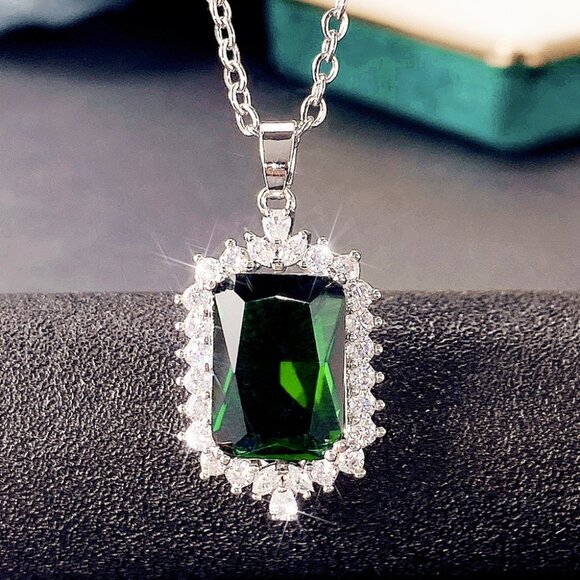 Rectangle Style Silver Plated Green Color CZ Necklace for Women, HA4478 - Picture 1 of 6